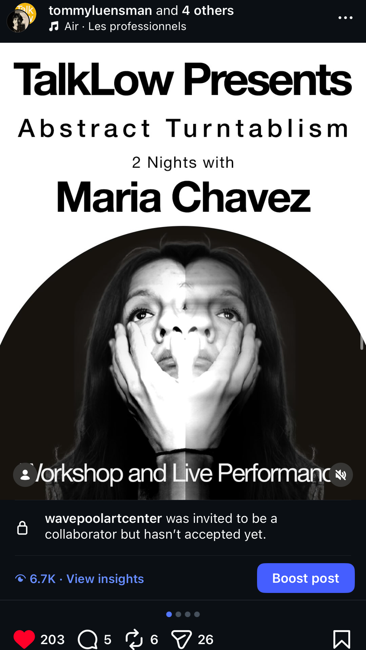 Promotional graphic for TalkLow event featuring Maria Chavez with text about abstract turntablism and workshops.